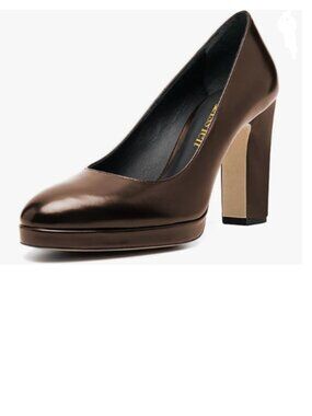 miss left Brown Platform Almond Toe Pumps Classic Slip On Block High Heel Shoes